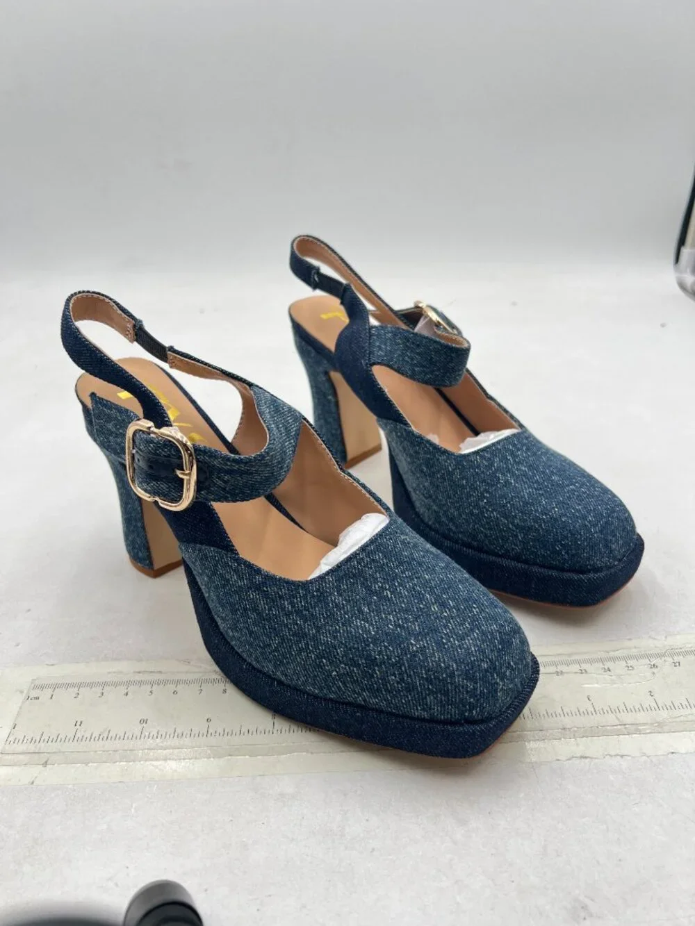 FYS Denim Blue Platform Square Toe Chunky High Heel Mary Janes Slingback Pumps